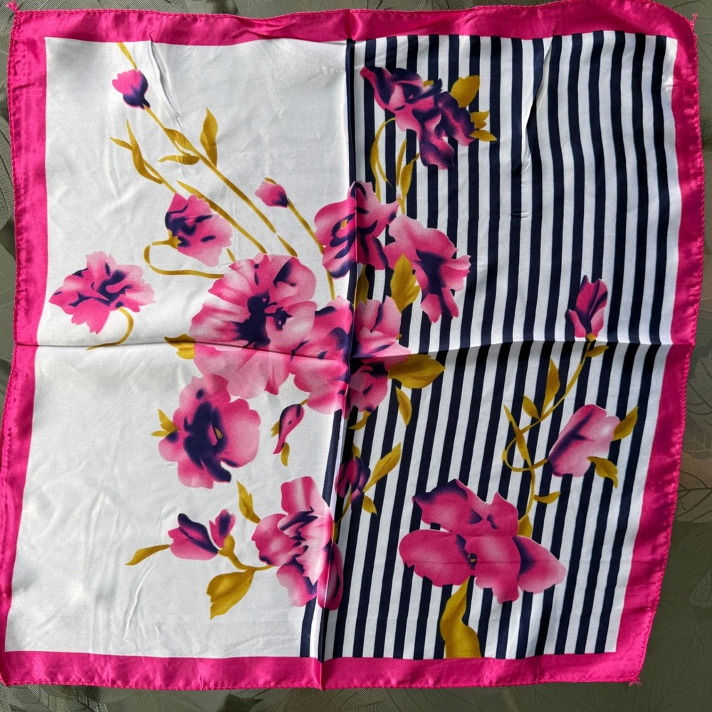 Vintage Floral and Striped Square Neck Scarf Pink White Navy Blue NWOT